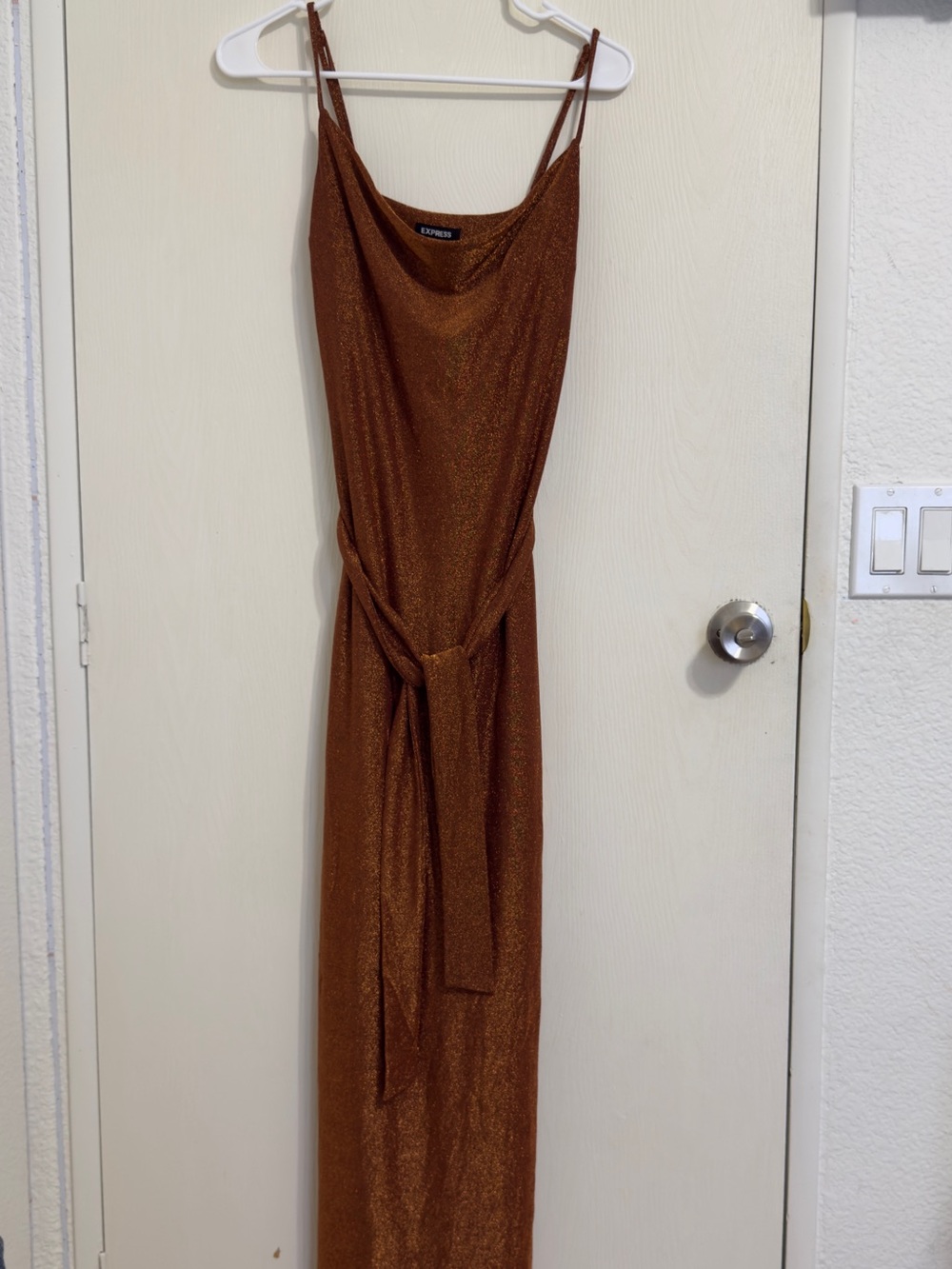 Express Shimmery Copper Slip Maxi Dress with Waist Tie